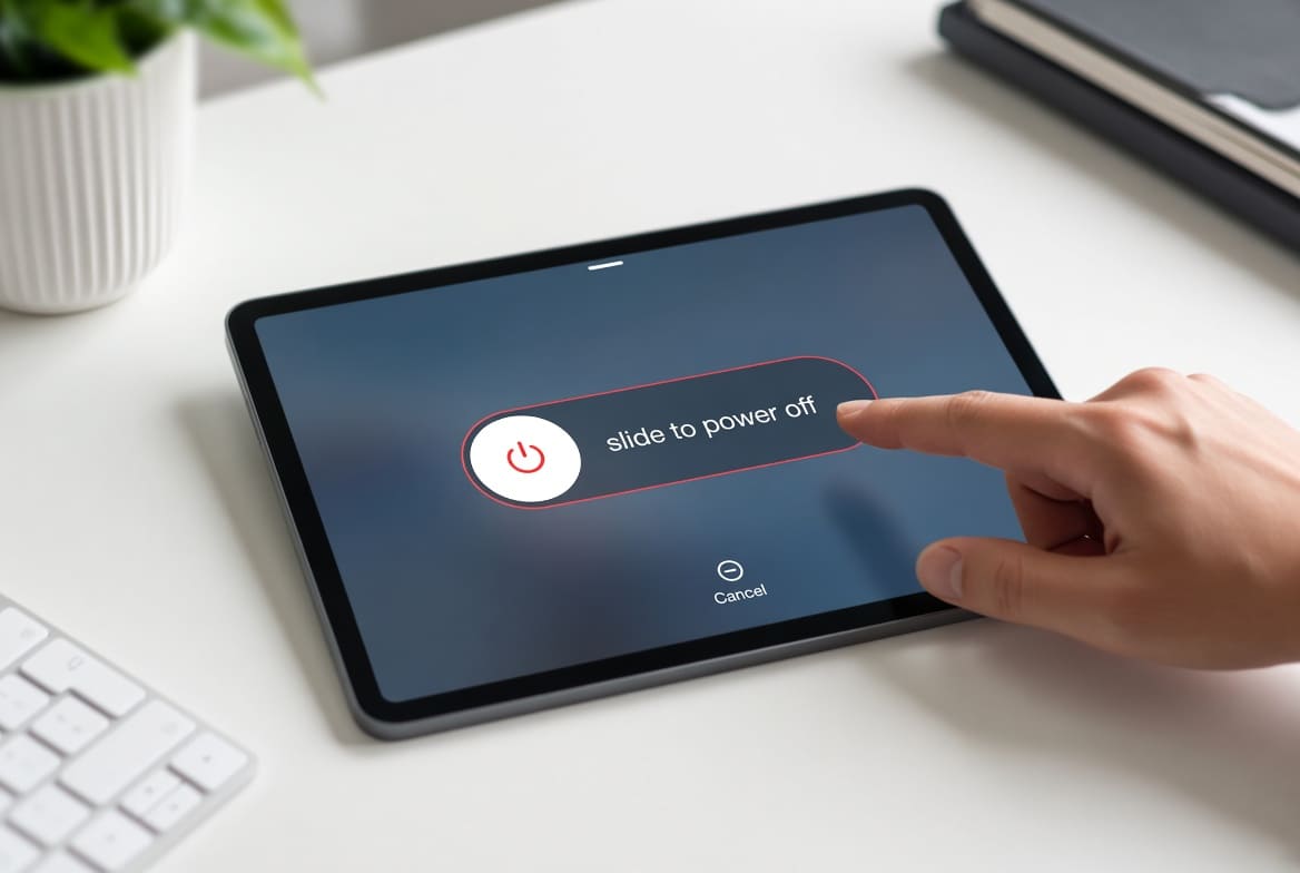 iPad на столе с изображением слайдера для выключения