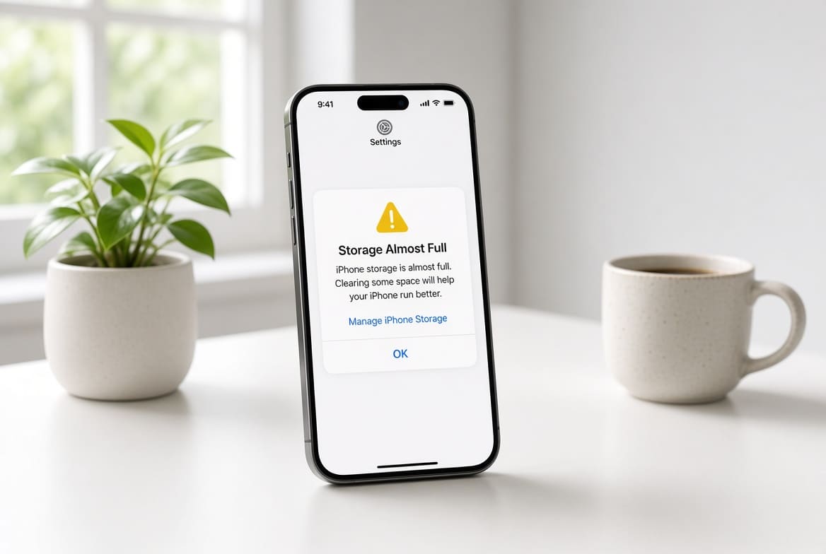 iPhone с предупреждением «Память почти заполнена» на экране
