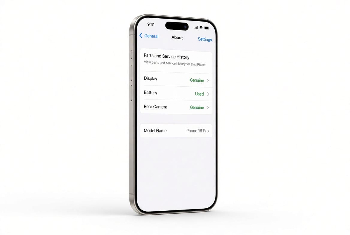 Экран iPhone с разделом «История деталей и обслуживания» в настройках